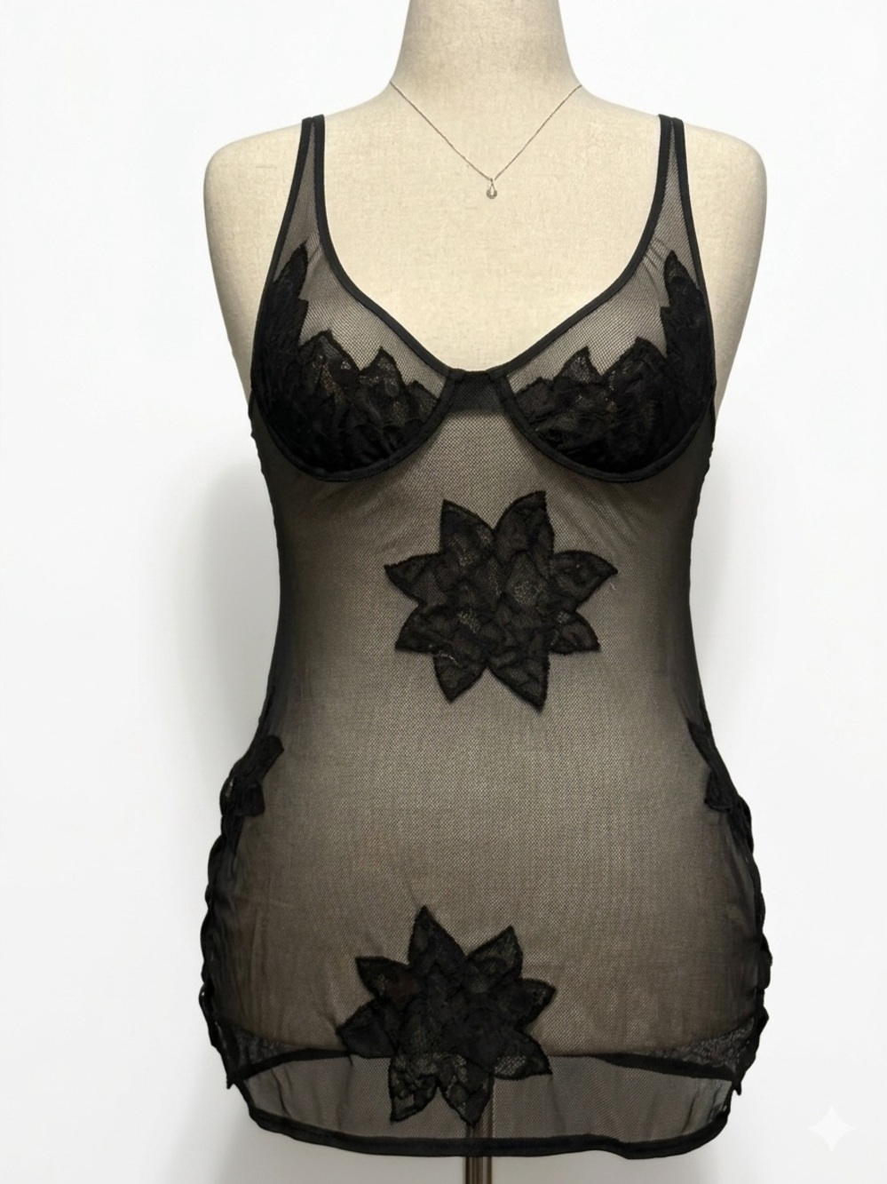 Vtg Victoria's Secret Black Mesh Slip Dress Star Lace Underwire 2003 Medium Y2K